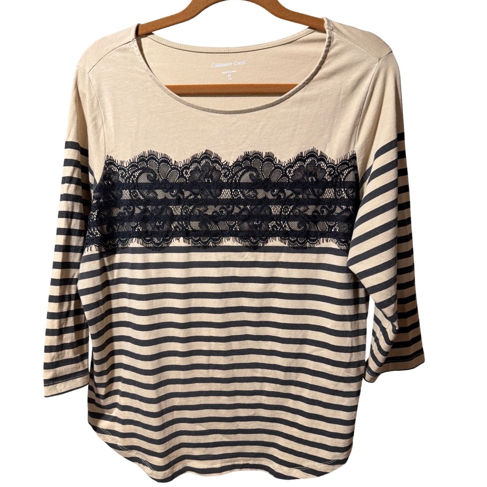 Coldwater Creek Womens‎ XL 16 Tan Black Striped Lace 3/4 Sleeve Top Scoop Neck